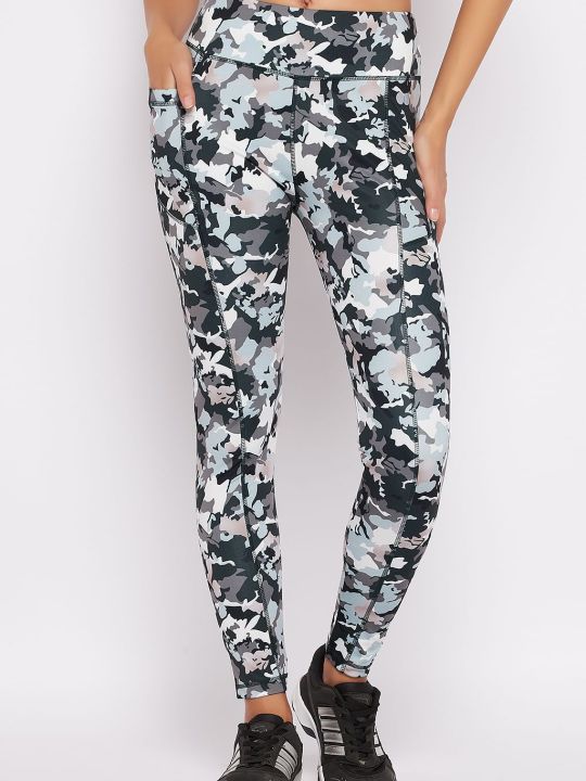 High Rise Camouflage Print Active Tights in Grey with Side Pocket