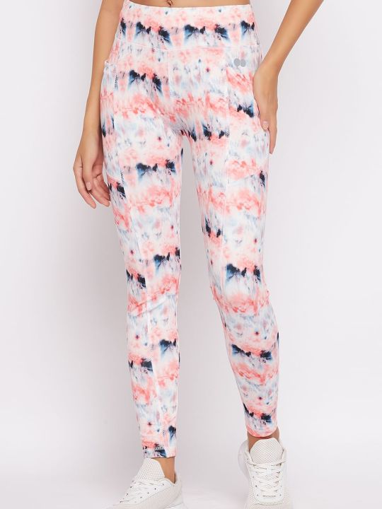 High Rise Tie-Dye Print Active Tights in Peach Colour with Side Pocket
