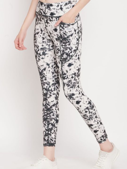 High Rise Tie-Dye Print Active Tights in White with Side Pockets