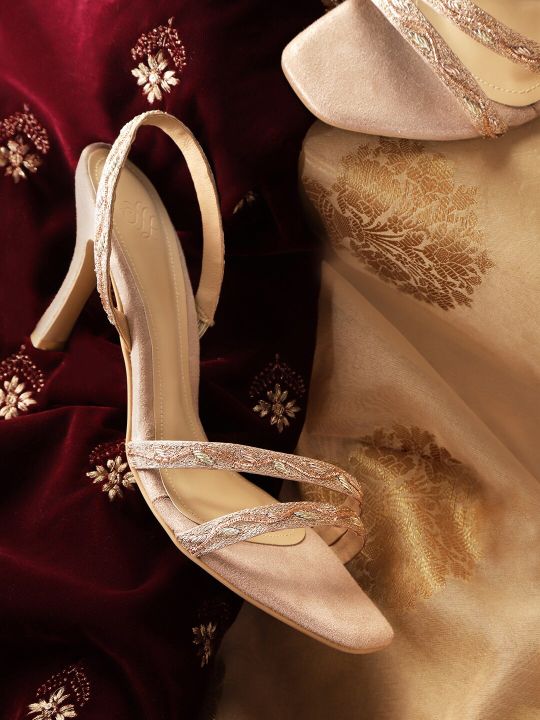 House of Pataudi Women Rose Gold-Toned Embroidered Handcrafted Heels