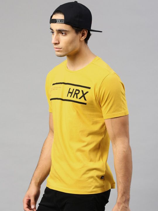 HRX by Hrithik Roshan Men Yellow Printed Cotton Pure Cotton T-shirt