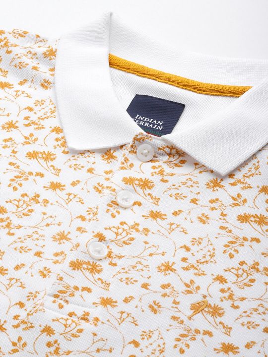 Indian Terrain Pure Cotton Floral Printed Polo Collar T-shirt