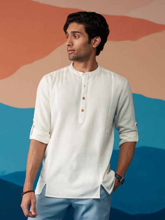 Indigo Saga Cotton Flex White Solid Full Sleeves Shirt (Likha)