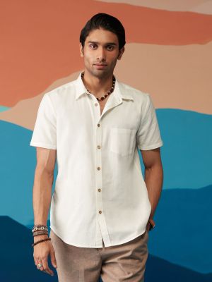 Indigo Saga Cotton Flex White Solid Half Sleeves Shirt (Likha)