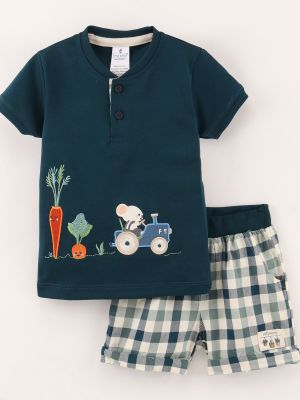 Interlock Half Sleeves T-Shirt & Checked Shorts Set With Embroidery