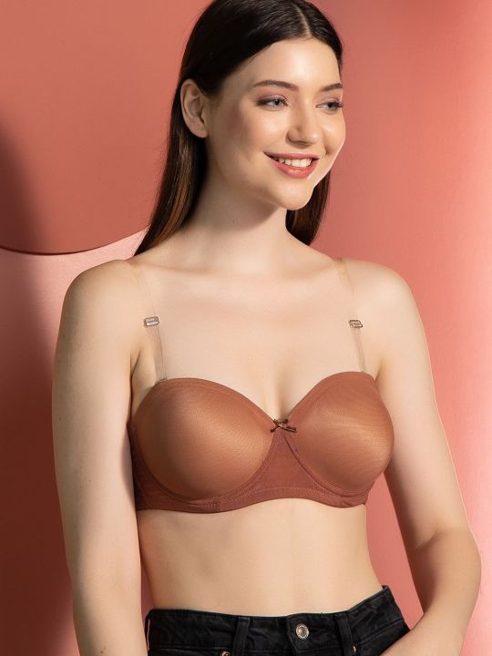 Invisi Padded Underwired Full Cup Strapless Balconette Bra in Beige with Transparent Straps & Band