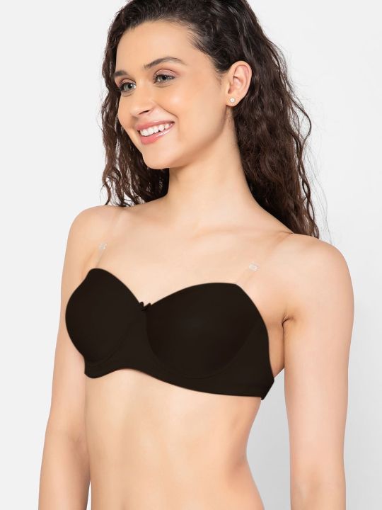 Invisi Padded Underwired Full Cup Strapless Balconette Bra in Black with Transparent Straps & Band
