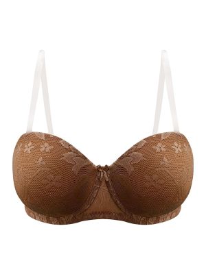 Invisi Padded Underwired Full Cup Strapless Balconette Bra in Brown with Transparent Straps & Band - Lace