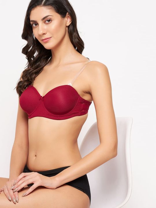 Invisi Padded Underwired Full Cup Strapless Balconette Bra in Maroon with Transparent Straps & Band