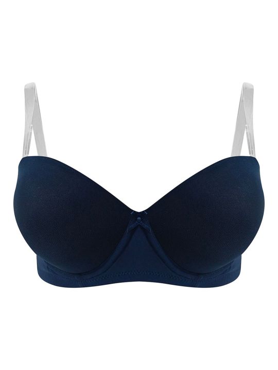 Invisi Padded Underwired Full Cup Strapless Balconette Bra in Navy with Transparent Straps & Band