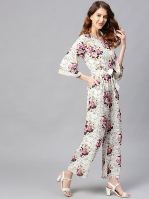 Juniper Women Off-White & Pink Floral Print Basic Jumpsuit