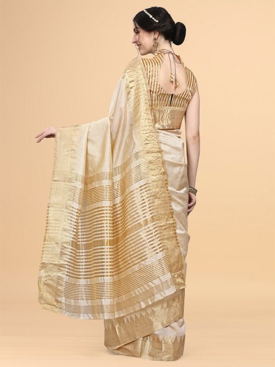 KALINI Cream-Coloured & Golden Embellished Zari Silk Blend Banarasi Saree