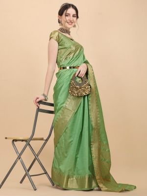 KALINI Green & Gold-Toned Woven Design Zari Silk Blend Banarasi Saree