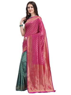 KALINI Green & Pink Ethnic Motifs Zari Silk Blend Half and Half Kanjeevaram Saree