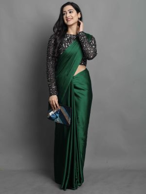 KALINI Green Satin Saree With Sequinned Blouse Piece