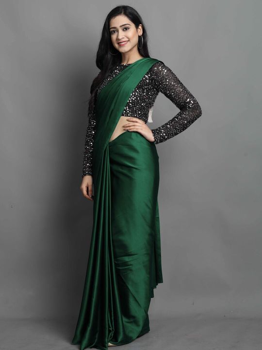 KALINI Green Satin Saree With Sequinned Blouse Piece