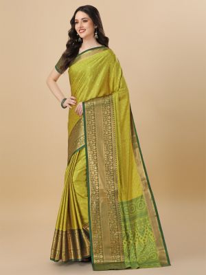 KALINI Lime Woven Design Zari Pure Cotton Mysore Silk Saree