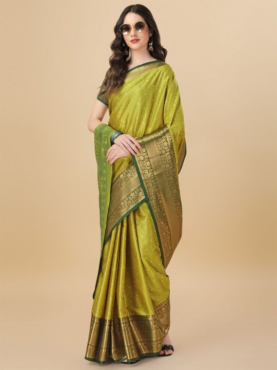 KALINI Lime Woven Design Zari Pure Cotton Mysore Silk Saree