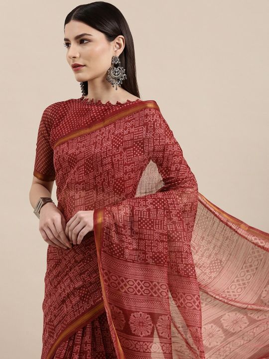 KALINI Maroon Ethnic Motifs Zari Saree