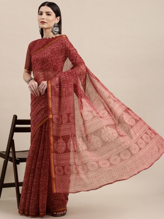 KALINI Maroon Ethnic Motifs Zari Saree