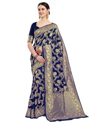 KALINI Navy Blue & Gold-Toned Woven Design Zari Silk Blend Fusion Banarasi Saree