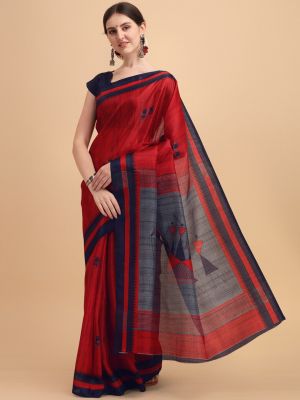 KALINI Red & Navy Blue Printed Silk Blend Saree