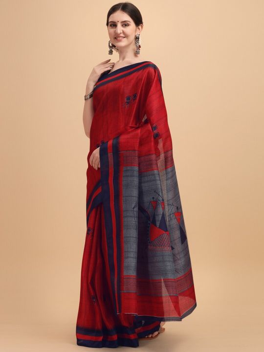 KALINI Red & Navy Blue Printed Silk Blend Saree