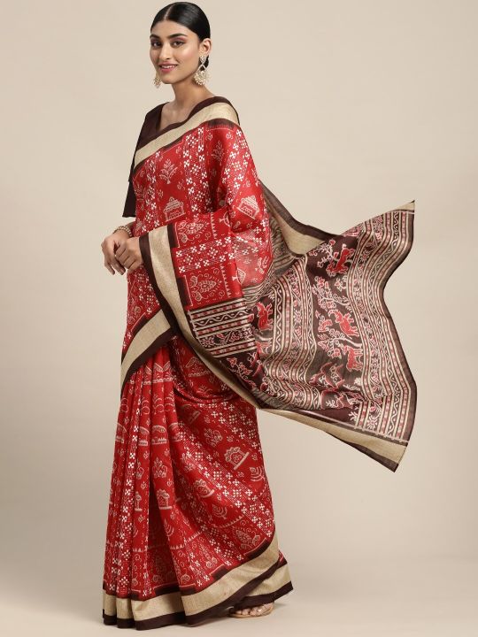KALINI Red & White Ethnic Motifs Art Silk Sambalpuri Saree