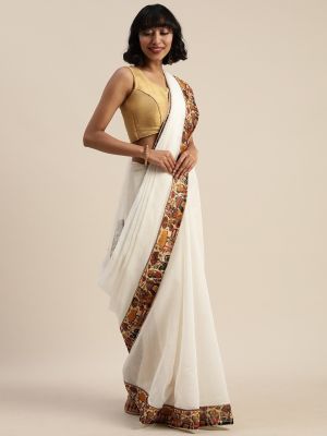 KALINI White & Cream-Coloured Chanderi Cotton Saree
