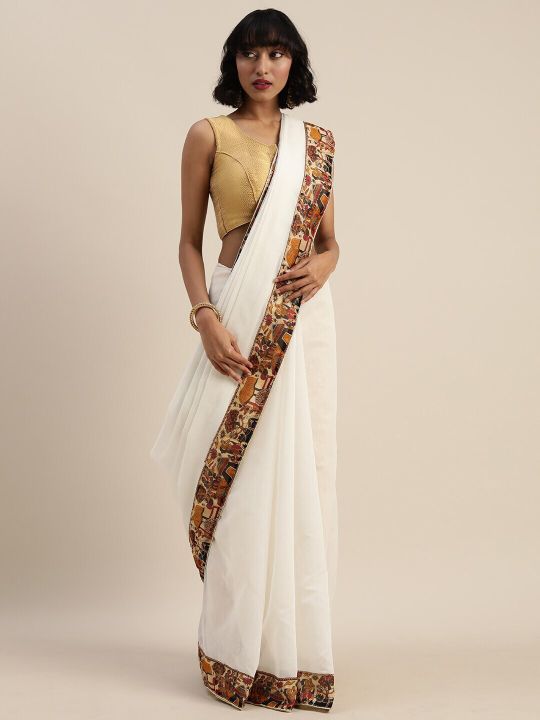 KALINI White & Cream-Coloured Chanderi Cotton Saree