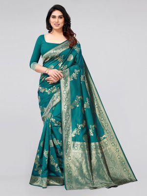 KALINI Women Green & Gold-Toned Woven Design Zari Silk Blend Banarasi Saree
