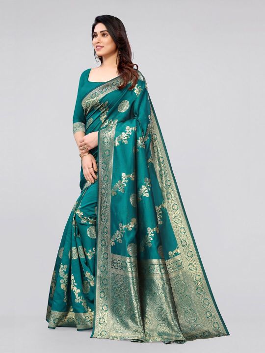 KALINI Women Green & Gold-Toned Woven Design Zari Silk Blend Banarasi Saree