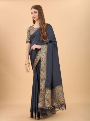 KALINI Women Grey & Gold-Toned Pure Silk Saree