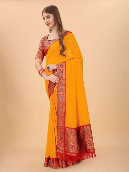 KALINI Yellow & Red Pure Silk Saree