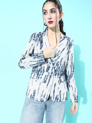 KASSUALLY Women Blue & White Tie-Dye Printed Single-Breasted Blazer