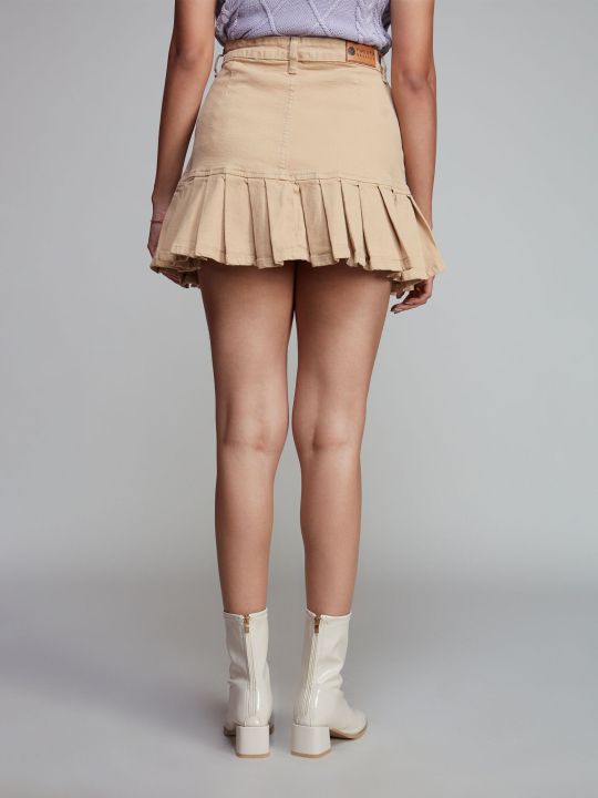 Khaki a Line Box Pleat Short Denim Skirt (Twenty Dresses)