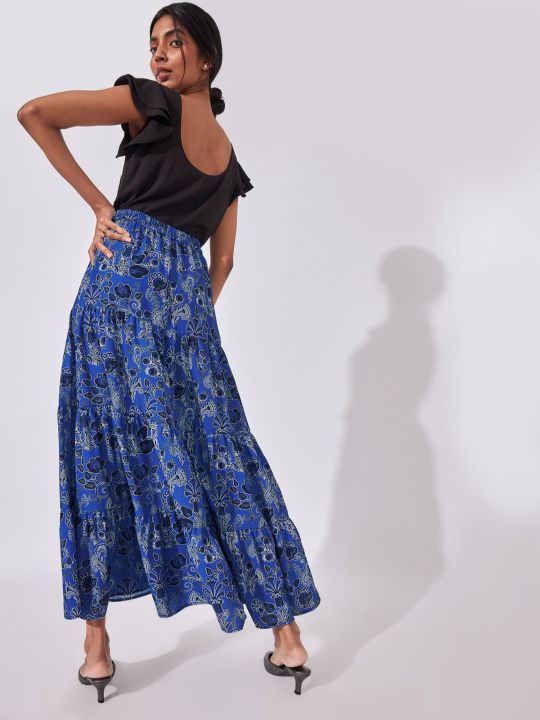 Lapis Blue Floral Tiered Maxi Skirt (The Label Life)