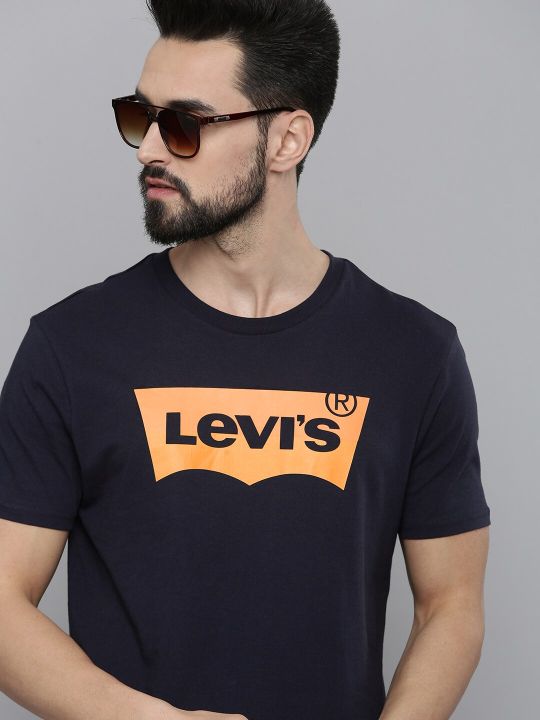 Levis Men Navy Blue & Orange Brand Logo Printed Pure Cotton Casual T-shirt