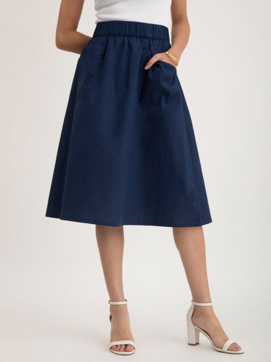 Linen Elasticated Belt Midi Skirt - Navy Blue (FableStreet)