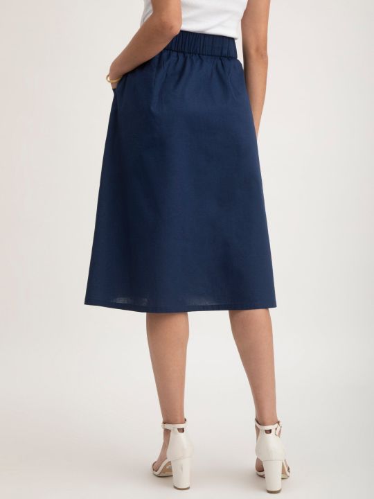 Linen Elasticated Belt Midi Skirt - Navy Blue (FableStreet)
