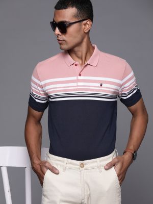 Louis Philippe Sport Men Pink & Navy Blue Striped Polo Collar T-shirt