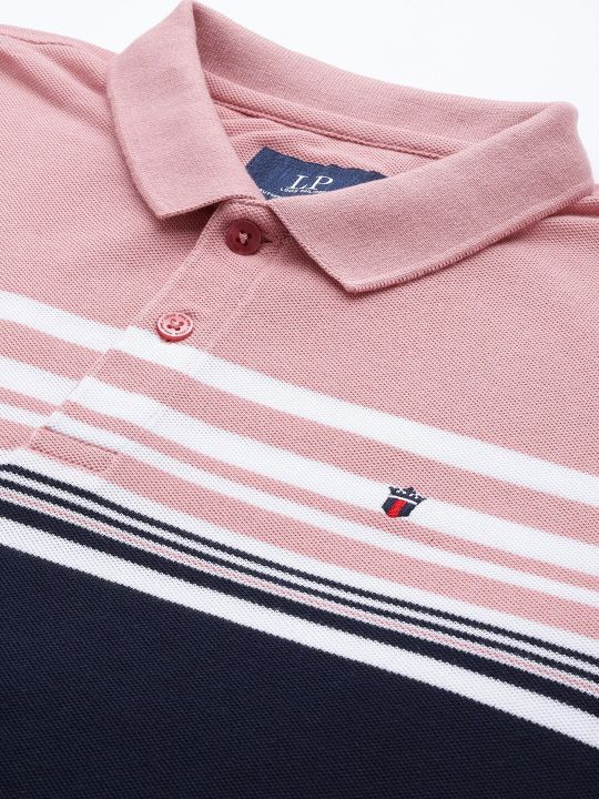 Louis Philippe Sport Men Pink & Navy Blue Striped Polo Collar T-shirt