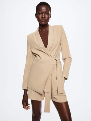 MANGO Women Beige Solid Double-Breasted Bow Pattern Sustainable Blazer