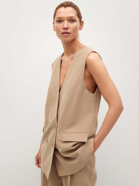 MANGO Women Beige Solid Sustainable Waistcoat