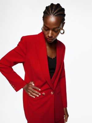 MANGO Women Red Sustainable Solid Double-Breasted Blazer