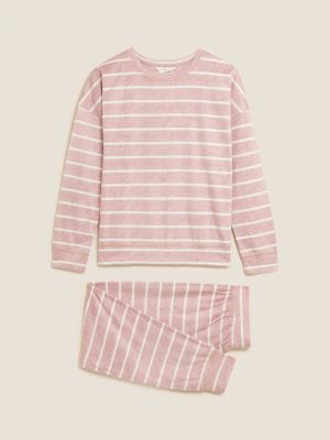 Marks & Spencer Women Pink & White Striped Night suit