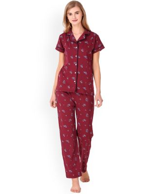 Masha Women Maroon & Blue Ditsy Floral Print Pyjamas Set
