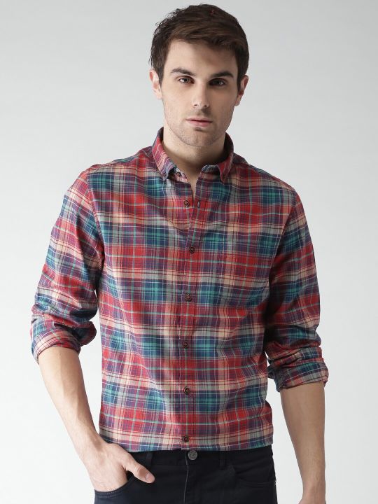 Mast & Harbour Men Red & Blue Checked Casual Sustainable Shirt
