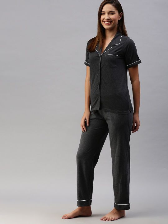 Mast & Harbour Women Charcoal Grey Solid Night suit