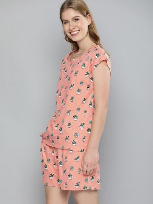 Mast & Harbour Women Peach-Coloured & Green Relaxed Fit Floral Printed Night suit